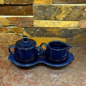 Fiestaware cobalt Sugar and Creamer Set. Retired color.